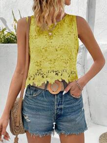 EMERY ROSE Women's Solid Color Round Neck Lace Patchwork Sleeveless Casual Blouse, Summer - Yellow - View 6