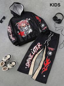 PAVTROS 2pcs/Set Tween Boy Street Graphic Print Hoodie And Sweatpants Athletic 2 Pieces Outfit, School, Campus, College Chic Outfits For Autumn/Winter - Black - View 1