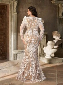 Aureia Plus Size Autumn And Winter Elegant Romantic White Sequin Embroidery Deep V Neck Leg Of Mutton Sleeves Slim Fishtail Hem Plus Tail Wedding Event Bride Beautiful Wedding Dress