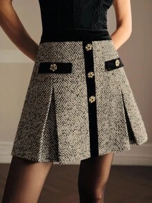 MOTF PREMIUM TWEED HERRINGBONE PRINT CONTRAST TRIM FOLD PLEATED SKIRT FOR AUTUMN & WINTER