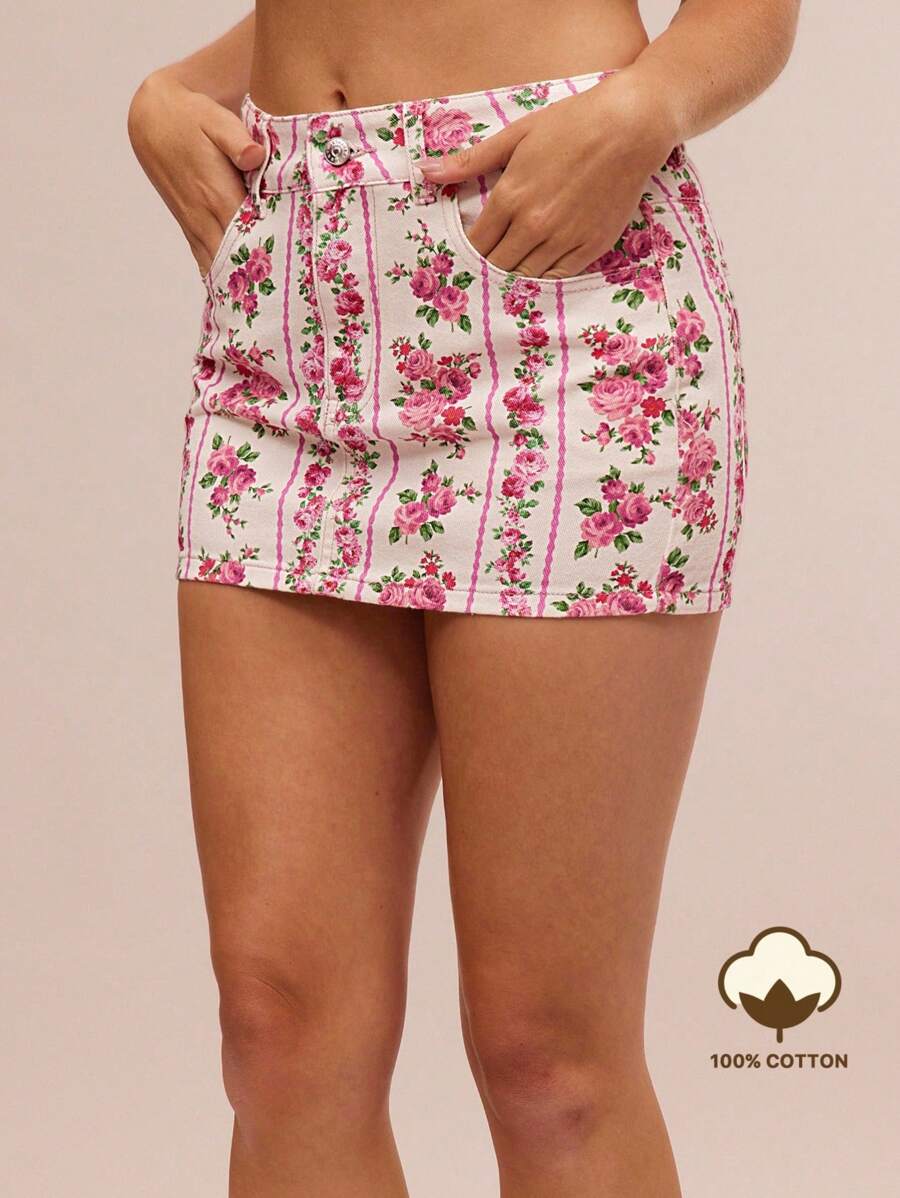 WESTFADE 花卉条纹牛仔短裙 乡村西部风 秋季 - 彩色 - 查看 1