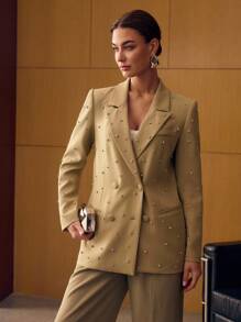 MOTF PREMIUM ÁO BLAZER NHẸ KÉP CỜ KÉP CỠ VỚI CHI TIẾT ĐÁ NHẠT - màu xanh lá - Xem 6