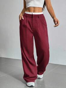 SHEIN EZwear Wine Red Contrast Color Straight Leg Pants, Plus Size - Burgundy - View 5