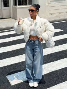 SHEIN EZwear Áo khoác ngắn đệm bông thêu cổ lông mùa đông cho nữ - trắng - Xem 5