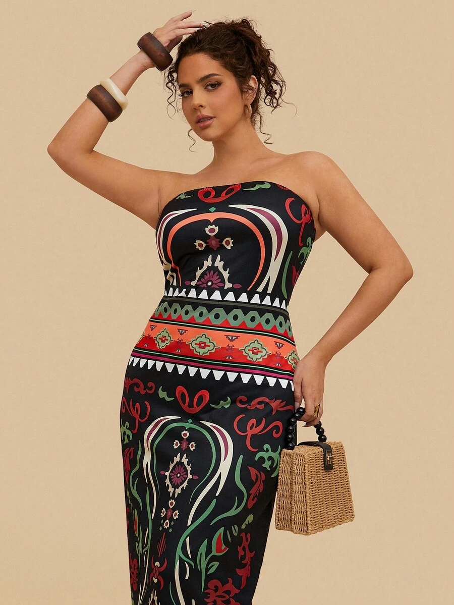 SHEIN VCAY Plus Size Women's Black Print Dress, Knit Stretchy Dress, Autumn Nomadic Boho Dress Strapless Midi Dress Tube Dresses For Women Mexican Dress Women Printed Strapless Dress Boho Maxi Dress Fall  Autumn  Elegant Dresses For Women Civil Wedding Dress Curvy Party Dresses Sunny Journey Frenchy Vacay Dress Summer Getaway​  Vacay Vibes