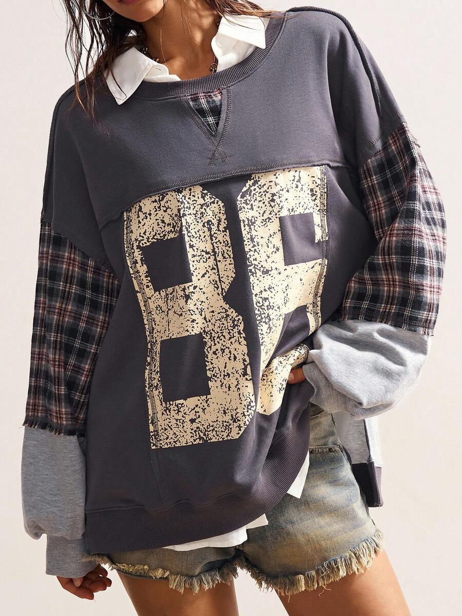 Bohemela Sudadera de cuello redondo de talla grande con parches de cuadros y estampado numérico, informal, para otoño - Gris - Ver 1