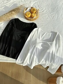 SHEIN EZwear 大码女式纯色加厚修身弹力T恤，初秋 - 彩色 - 查看 5