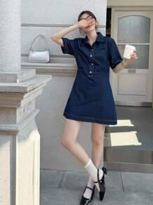 K-Vae 女式秋季深牛仔蓝底原创牛仔短裙，纽扣半襟休闲衬衫牛仔裙，女式秋季服装，返校节服装，外出服装，老款服装 - 中等水洗藍 - 查看 6