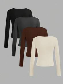 SHEIN Essnce 4pcs/Set Casual Solid Color Crew Neck Long Sleeve T-Shirts For Women, Versatile For Autumn/Winter,Fall Tops