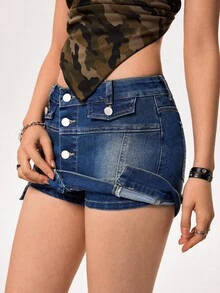 SHEIN EZwear Shorts vaqueros casuales de moda para mujer con parches asimétricos - Azul lavado oscuro - Ver 3
