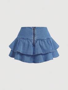 Sweetra Ruched Waist Ruffled Hem Mid-Waist Denim Skater Skirt - Medium Wash - View 2