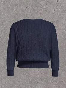 SHEIN EZwear Plus Size Casual Minimalist Long Sleeve Cable Twist Knit Navy Blue Bear Pullover Sweater In Fall/Winter - Navy Blue - View 2