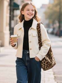 Girls Solid Color Versatile Minimalist Daily Wear Turndown Collar Jacket, Suitable For Autumn/Winter Fall