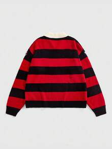 ROMWE MEN Prep Men's Striped Embroidered Long Sleeve Sweater, Loose Cropped Style, Fall Winter, Grunge Style