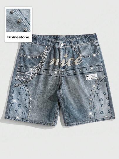 Street Life Men's Rhinestone Letter Graphic Pocket Casual Denim Shorts