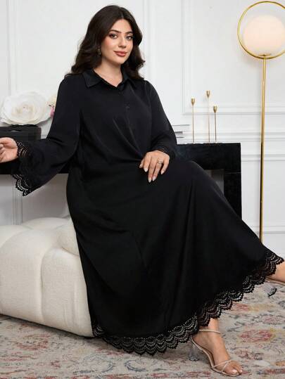 Al Najma 大码女式优雅宽松舒适刺绣拼接素雅长裙