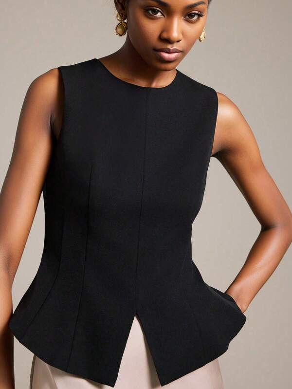 Ontre Blusa negra con cuello redondo y diseño de volantes en el bajo, moderna, elegante, urbana, romántica, western, punk, Y2K, de estilo country, para festival de música, vintage, coreana, para aeropuerto, calle, boda, invitado, cumpleaños, Halloween, casual de oficina, cita, salida, aeropuerto, vuelta al colegio, Navidad, Año Nuevo