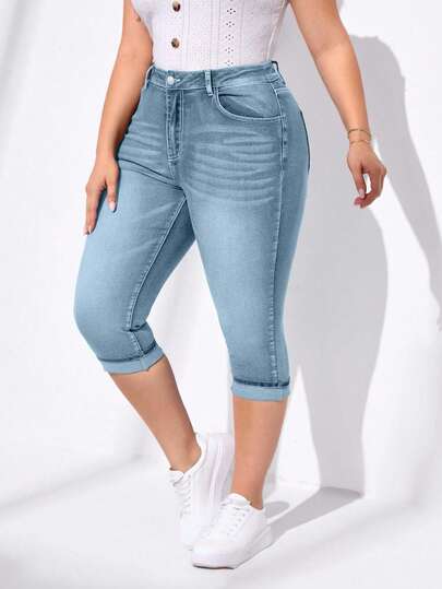 EURMUSE Plus Size Stretchy Casual Blauwe Denim 7/8 Broek voor Dames