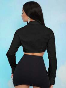 EURMUSE Camisa super curta de manga comprida e cor sólida da moda - Preto - Ver 2