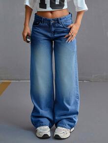 SHEIN Cottnline LOW WAIST DOUBLE POCKET BLUE JEANS WOMAN - Medium Wash - View 6