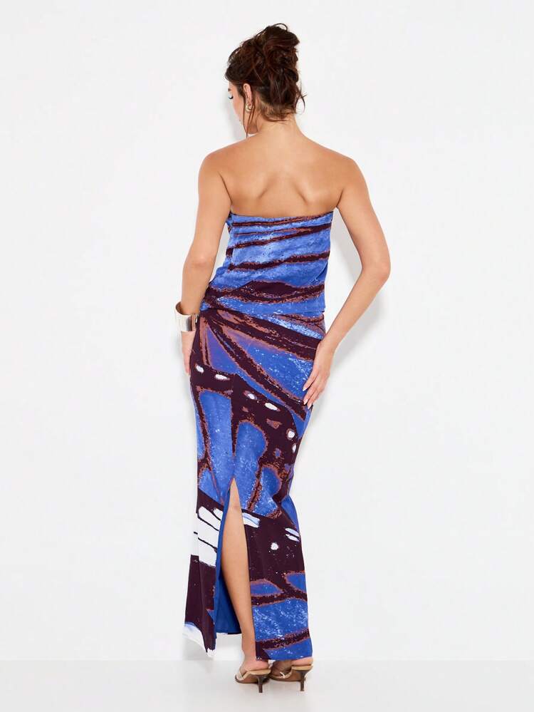 KIZN Strapless Bodycon Top And High Slit Maxi Skirt With Abstract Print