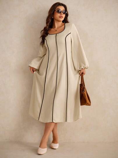 Elaquor Plus Size Women Casual Colorblock Trim Round Neck Dress