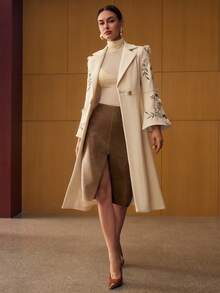 MOTF PREMIUM STYLISH TASSEL EMBROIDERED LONG TRENCH COAT, SLIM FIT, AUTUMN/WINTER - Apricot - View 7