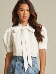 WESTFADE White,Summer,Elegant,Office 100% Cotton Poplin Bow Tie Neck Puff Sleeve Dolphin Hem Button Up Cute Top Autumn,Winter,Nashville Country Concert,Boho - White - View 1