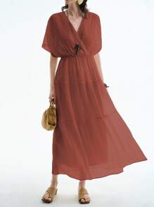 Aalyst 女式优雅轻盈奢华休闲度假通勤舒适纯色天丝半透明面料交叉领口落肩袖松紧腰带侧袋长裙，春夏 - 鏽棕色 - 查看 6