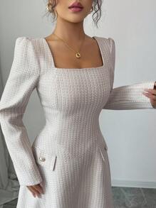 Elenzga 女式多色面料方领仿口袋铆钉装饰拼接 A 字长袖通勤长裙，秋季 - 彩色 - 查看 3