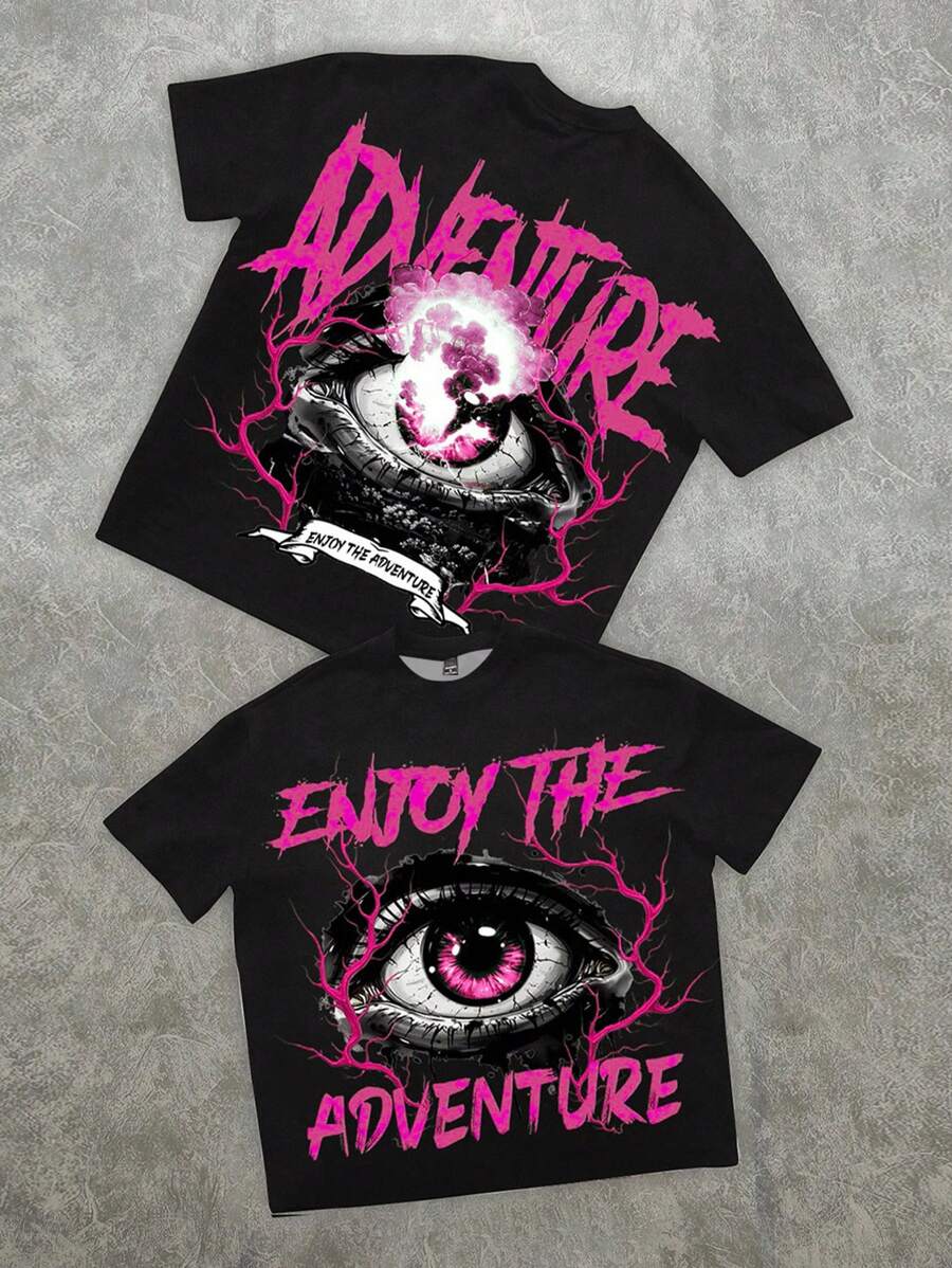 SHEIN Teen Boy Casual Minimalist Letter Eye Print Short Sleeve Round Neck T-Shirt, Suitable For Summer, Social & Leisure