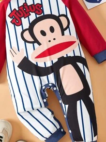 Paul Frank X SHEIN 男婴拼接条纹卡通猴子印花圆领长袖柔软亲肤连体衣 - 紅白色 - 查看 6