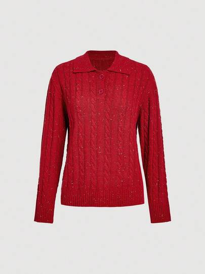 Skyraze Suéter de mujer de alta gama con cuello vuelto y medio botón, de punto de cable, para otoño/invierno