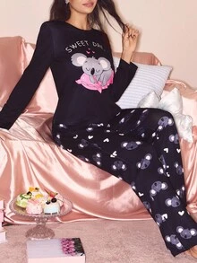 可爱考拉印花女士长袖上衣长裤睡衣套装，秋季甜梦睡衣套装，秋冬服装