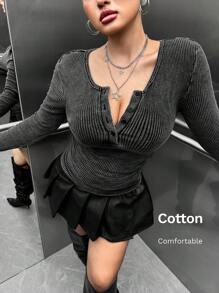 Muchica 大码休闲复古水洗修身长袖T恤 - 黑色 - 查看 1