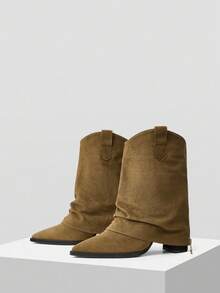 Mnmlis Women's Fashionable Khaki Retro Western Style Suede Zipper Tall Boots