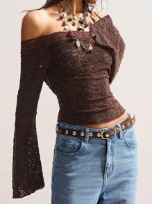 Bohemela Áo thun nữ hở vai tay loe phối ren màu trơn phong cách Boho cổ điển - Màu nâu  Mocha - Xem 4