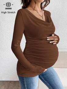 SHEIN 孕妇纯色褶皱领口长袖修身休闲T恤 - 咖啡棕 - 查看 1