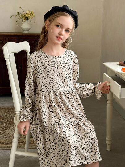 LMoss Kids Tween Girl Ditsy Floral Casual Round Neck Dress,Girls Long Sleeve Floral Print Modest Beige Tea Party Outfits,Autumn Spring Fall Clothes