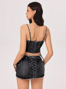 SHEIN ICON 美式性感抹胸上衣搭配牛仔裙套装，狂野装扮 - 黑色 - 查看 2