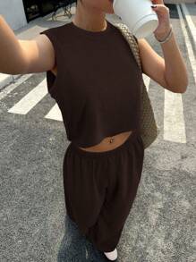 Muchica Women's Coffee Brown Round Neck Casual Loose Top & Pants Set - Coffee Brown - View 1