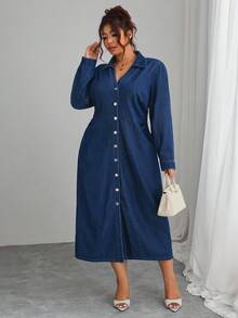 Elenzga Plus Size Women Long Sleeve Single-Breasted Casual Denim Dress