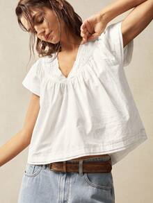 Bohemela 纯色V领宽松女式衬衫 - 白色 - 查看 3