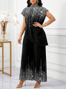 SHEIN Lady 2025 New Women's Elegant, Casual, Party, Commuting, Shiny, Mid-High-Neck, Asymmetrical, Loose-Fitting Short-Sleeved Top And Loose-Fitting Straight-Leg Trousers Two Pieces Set For Spring, Summer And Autumn Halloween  Chic Women's Dress  Party Dress