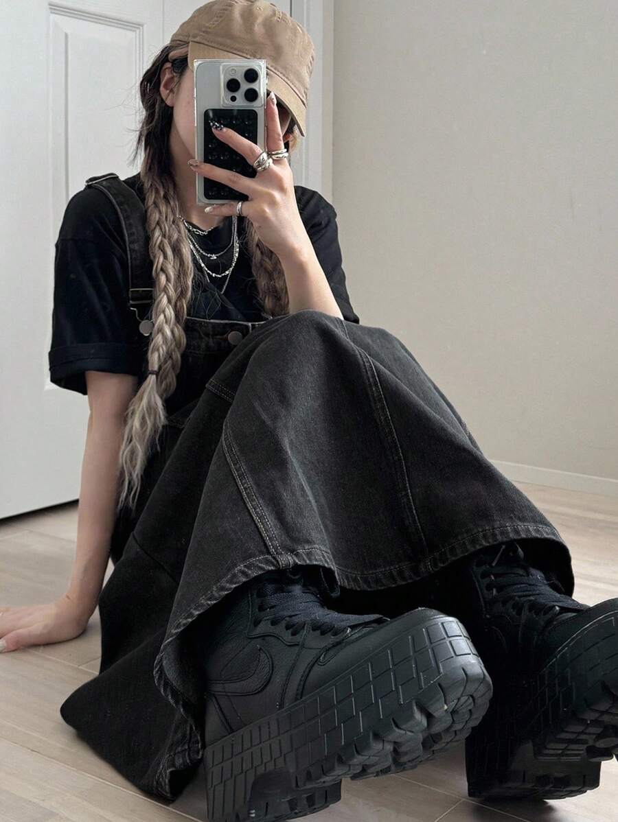 FRIFUL 女式休闲水洗加长牛仔连衣裙 - 黑色 - 查看 1