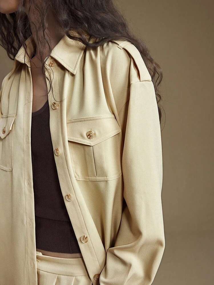 Elegant Light Beige Women's Shacket,Autumn/Winter Office Business Casual,Lapel Collar,Utility Pockets,Cinched Waist Loose Fit,Modern Urban Style,Soft