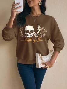 Glamance BiGraphic 女士字母与骷髅印花圆领落肩长袖休闲运动衫棕色长袖秋季运动衫棕色运动衫女士骷髅印花运动衫豹纹运动衫 - 咖啡棕 - 查看 4