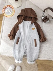 SHEIN Newborn Baby Unisex Plush Bear Hooded Jumpsuit, Casual Color Block Design, Autumn/Winter Baby Clothes, Baby Halloween Costume Newborn Baby Boy Winter Clothes Hooded Baby Jumpsuit Baby Boy Winter Jumpsuit Zip Up Baby Jumpsuit Fall - Multicolor - View 11