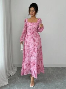 Modelyn Women's Autumn Long Sleeve Chiffon Dress With Front Ruched Design & Butterfly Print Pattern Fall Cloth For Women - Pink - View 8