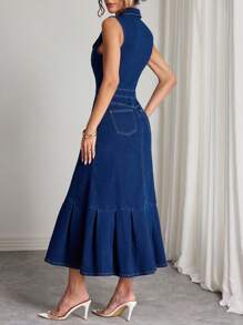 SHEIN Elenzya 女式合身褶皱鱼尾牛仔连衣裙 - 深色水洗藍 - 查看 2